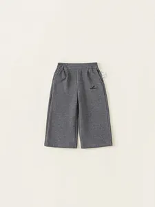 Kids casual dark grey wide-leg knit cotton pants with elastic waist and logo detail