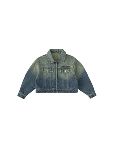 Vintage wash blue denim jacket for girls with embroidery and chest pockets