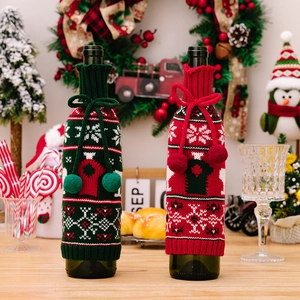 Christmas Knitted Wine Bottle Cover Snowflake Reindeer Pattern Sweater Decorative Bowknot Pompom Wine Bottle Decor For Bar