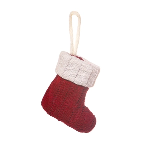 Mini red knit Christmas stocking ornament with cable stitch pattern for festive tree decoration