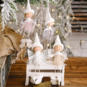 Christmas Plush Angel Wing Girl Doll Hanging Decoration Sequin Knit Figurine For Xmas Tree Home Party Ornament Gift