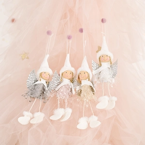 Set of four plush angel Christmas ornaments with silver wings in pink, grey, beige and white