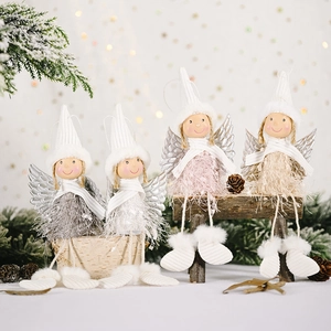 Charming plush angel Christmas tree ornaments with soft feathers and knitted hats set