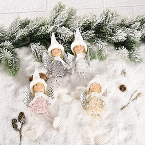 Set of four plush Christmas angel hanging ornaments with knit hats and silver wings