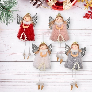 Set of four plush Christmas angel doll pendants with silver wings for tree decoration