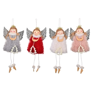 Set of four plush angel Christmas tree hanging ornaments with silver wings and crowns