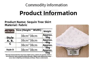 Size chart for 38cm white sequin Christmas tree skirt showing fabric weight and dimensions