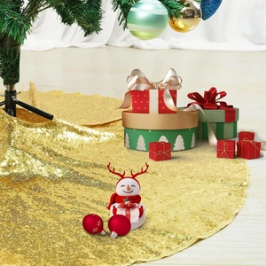Jupe de sapin de Noël à paillettes dorées avec décorations de fête et cadeaux élégants