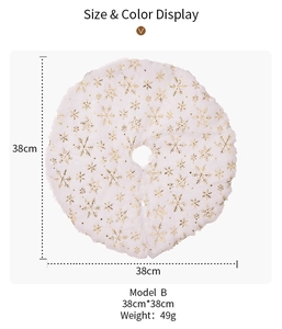 Detailed size specifications for 38cm white plush Christmas tree skirt with gold snowflakes