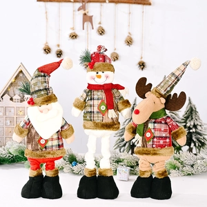 Vintage Christmas Plaid Retractable Doll Santa Snowman Reindeer Telescopic Plush Figurine Holiday Decoration Ornament