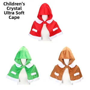 Kids Christmas Hooded Cape Crystal Super Soft Plush Trim Performance Costume Reindeer Elf Cosplay Holiday Party Capelet