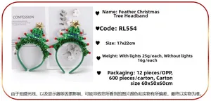 Detail view of green feather Christmas tree headband with gold star and size info
