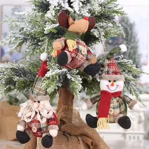 Three-piece Christmas plush ornaments set featuring Santa, Reindeer, and Snowman with plaid cloth
