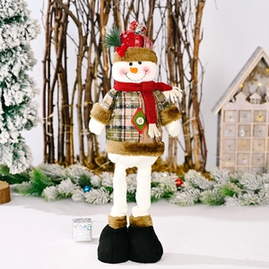 Standing Christmas snowman doll in green plaid outfit with retractable long legs decor