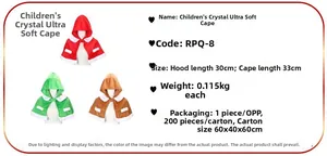Detailed size chart for children's plush Christmas capes in red, green, and brown colors