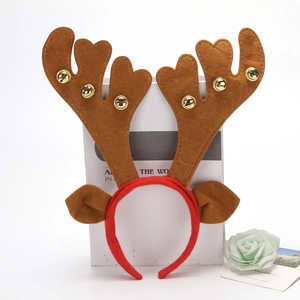 Christmas reindeer antler headband with brown velvet ears and small golden bells decoration