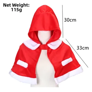 Detail view of red Christmas cloak with white plush trim and size dimensions shown