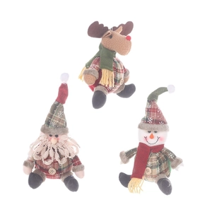Set of 3 Christmas plush ornaments with plaid fabric, reindeer, gnome and snowman designs