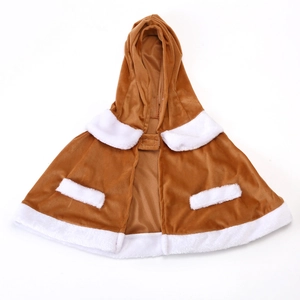 Detail of a brown reindeer hooded cape for children with white faux fur trim and clasp