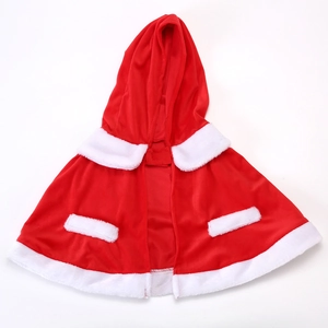 Detailed flat lay of children's red Christmas hooded cape with plush white faux fur trim