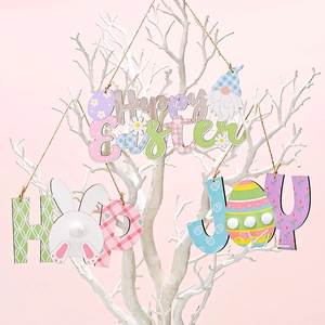 Décorations À Suspendre En Bois De Pâques Happy Easter HOP JOY Signes Avec Gnomes Lapins Oeufs Ornements Pour Maison Fête