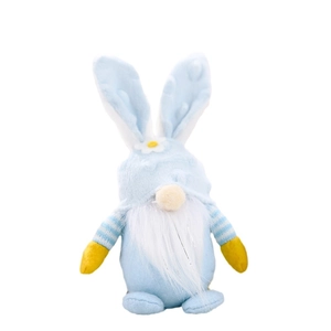 Easter gnome plush doll with rabbit ears and blue stripe arms on white background