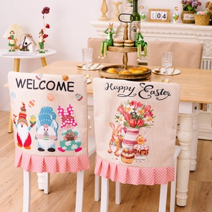 Easter dining chair covers with rabbit patterns, faux linen fabric and pink ruffled edges