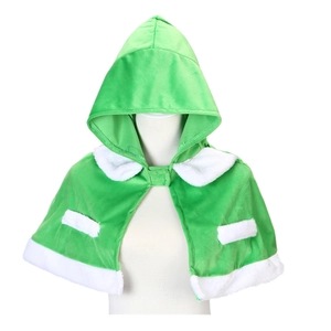 Kids green hooded Christmas cape in soft plush velvet with white faux fur trim on a mannequin