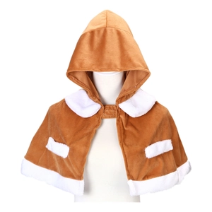 Ginger plush hooded Christmas shawl for kids with white faux fur trim and front buckle closure