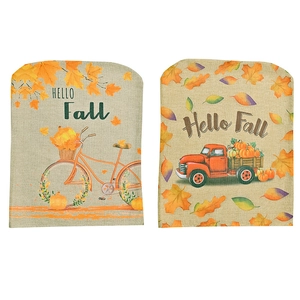 Fall themed linen chair covers with pumpkin truck and bicycle prints for autumn decor