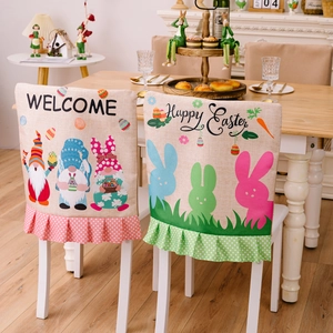 Easter dining chair covers set featuring festive bunny and gnome linen prints with ruffles