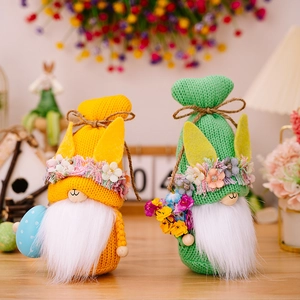 Easter knit bunny gnome dolls with colorful spring flowers and polka dot egg decorations