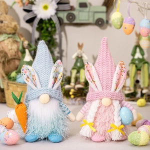 Easter Faceless Gnome Plush Doll With Rabbit Ears Carrot Egg Knitted Standing Dwarf Ornament For Home Festive Decoration Gift