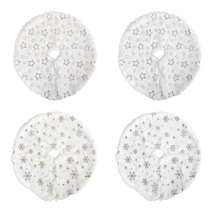 Mini white faux fur Christmas tree skirts set with gold and silver snowflake sequin patterns
