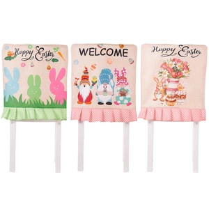 Easter faux linen chair covers set with rabbit and gnome prints and polka dot ruffles