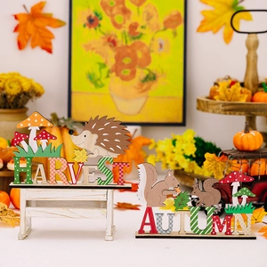 Harvest and Autumn wooden tabletop decorations with hedgehog and squirrel motifs