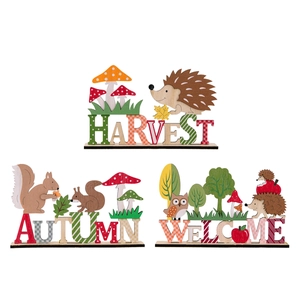 Set of 3 Thanksgiving wood decorations with hedgehog squirrel owl harvest autumn theme