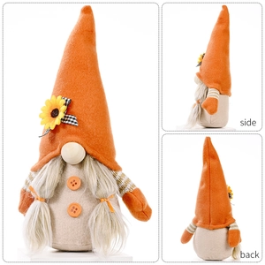 Autumn gnome plush with sunflower hat and blonde braids shown in front, side and back views