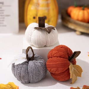 Ensemble de Décoration Citrouille Tricotée à la Main pour Thanksgiving Halloween Fête Moisson Orange Blanc Gris Maison