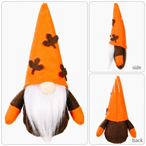 Plush gnome hanging ornament with orange felt hat and maple leaf for fall harvest decor