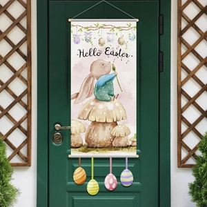 Vertical Easter banner featuring a rabbit with eggs and Hello Easter text on a home door