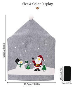 Size chart showing grey Christmas chair cover with Santa and snowman motifs, 48.5x63cm