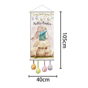 Vertical Easter tapestry with bunny, mushroom, and egg motifs, size 105x40cm with rod