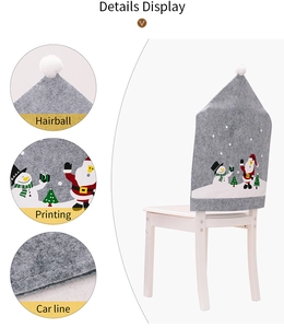 Detailed view of gray Christmas chair cover showing stitching and festive prints