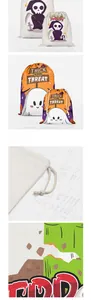 Detailed macro view of burlap Halloween treat bag with horror party ghost and pumpkin prints