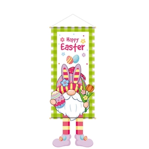Easter garden flag with gnome in bunny hat and Happy Easter text for home decor