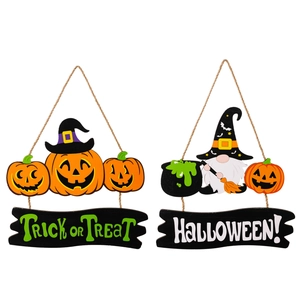 Wooden Halloween hanging signs featuring gnome witch and pumpkins with Trick or Treat text