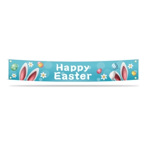 Blue Happy Easter banner with cartoon rabbit ears and colorful eggs for garden party decoration