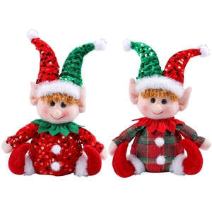 Cute Christmas elf plush dolls with sequin hats and plaid outfits for holiday decor