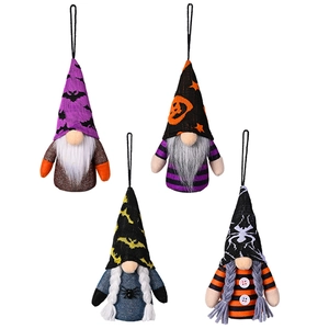 Lot de quatre nains d'Halloween en peluche suspendus avec lumières LED et motifs de fête